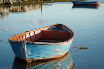 Obraz premium A weathered, blue and orange rowboat floats peacefully in a calm bay, reflecting the sky and clouds.