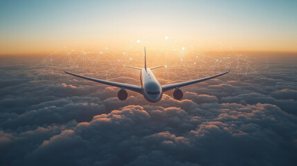 minimalist depiction of airplane flying above clouds during sunset, symbolizing connectivity and travel. scene evokes sense of freedom and exploration