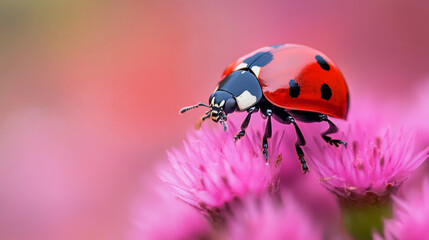 Fototapeta premium A close-up view of a ladybug perched on vibrant pink flowers during a sunny day in a garden