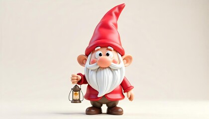 Obraz premium Cute gnome character with a red hat, holding a lantern, smiling warmly.