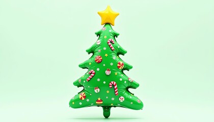 Obraz premium Christmas tree with ornaments and a star on top, standing on a plain background.