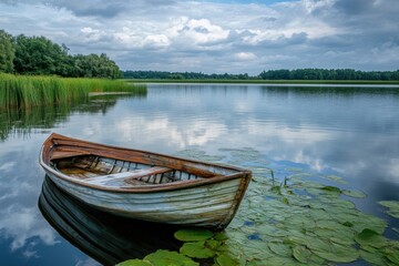 Obraz premium A weathered rowboat sits moored in calm lake waters with lily pads and a scenic background of trees and clouds.