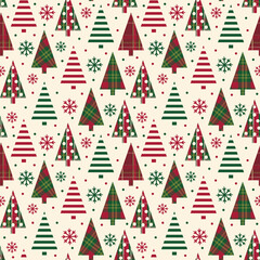 Seamless Pattern of Modern Christmas Tree with Plaid Pattern and Snowflakes- Christmas Plaid Vector Illustration