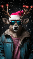Punk Rock Santa Reindeer in Leather Jacket.