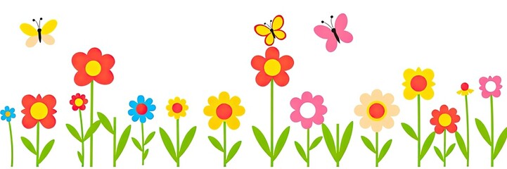 Obraz premium cheerful and vibrant illustration of a row of stylized flowers or tulips isolated on white background. a variety of colorful flowers in full bloom. flowers are supported by long,