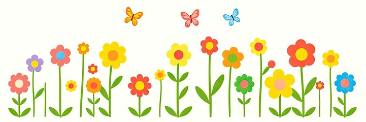 Obraz premium cheerful and vibrant illustration of a row of stylized flowers or tulips isolated on white background. a variety of colorful flowers in full bloom. flowers are supported by long,