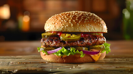 Tasty jalapeno cheddar burger with cheese and spicy toppings in cozy diner setting