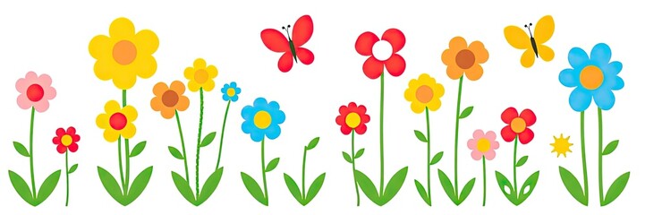 Obraz premium cheerful and vibrant illustration of a row of stylized flowers or tulips isolated on white background. a variety of colorful flowers in full bloom. flowers are supported by long,