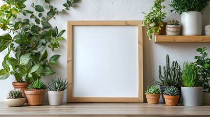 Stylish Minimalist Display: Blank Frame on Empty Table Surrounded by Lush Greenery, Potted Plants, and Wooden Shelves for a Cozy, Nature-Inspired Interior Design