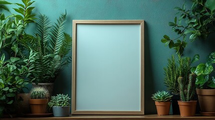 Stylish Minimalist Display: Blank Frame on Empty Table Surrounded by Lush Greenery, Potted Plants, and Wooden Shelves for a Cozy, Nature-Inspired Interior Design
