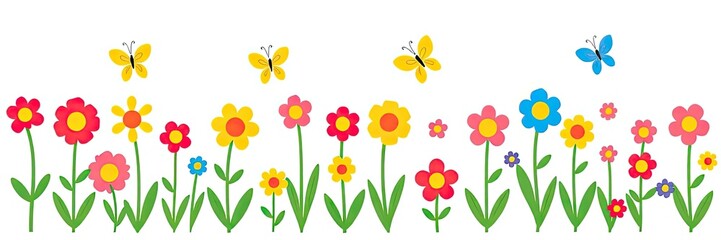 cheerful and vibrant illustration of a row of stylized flowers or tulips isolated on white background. a variety of colorful flowers in full bloom. flowers are supported by long,