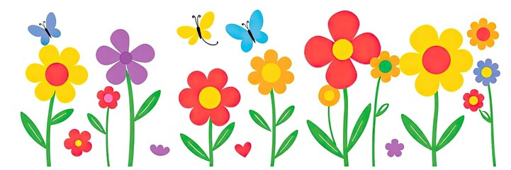 cheerful and vibrant illustration of a row of stylized flowers or tulips isolated on white background. a variety of colorful flowers in full bloom. flowers are supported by long,