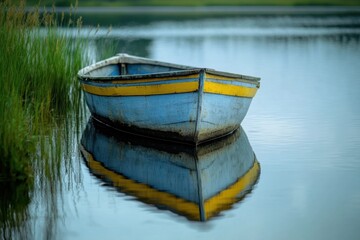 Obraz premium A weathered wooden boat with blue and yellow paint sits moored in calm water with a reflection.