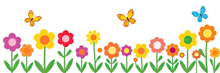 Obraz premium cheerful and vibrant illustration of a row of stylized flowers or tulips isolated on white background. a variety of colorful flowers in full bloom. flowers are supported by long,