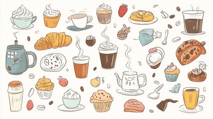 86.A whimsical collection of coffee-themed doodles featuring hand-drawn coffee makers, cups filled with steaming beverages, and a variety of baked goods such as muffins and croissants. Each item is