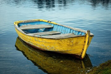 Fototapeta premium A weathered yellow wooden boat floats on calm blue water, its reflection mirrored beneath.