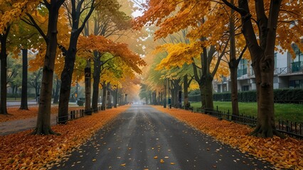 Naklejka premium As you walk down the quiet city road, the vibrant hues of autumn surround you, creating a picturesque scene that is both calming and invigorating. 