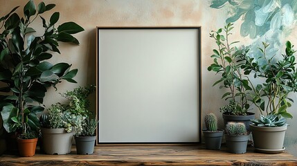 Stylish Minimalist Display: Blank Frame on Empty Table Surrounded by Lush Greenery, Potted Plants, and Wooden Shelves for a Cozy, Nature-Inspired Interior Design