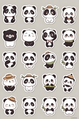 Collection of Adorable Cartoon Panda Stickers with Various Expressions and Accessories