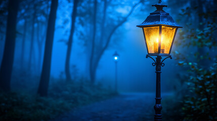 Antique street lantern illuminating through misty evening atmosphere