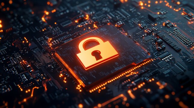 Glowing padlock symbol on a circuit board, representing cybersecurity and data protection.