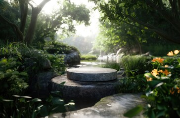Stone podium stage for product presentation, sunbeam, set against the backdrop of garden and a river