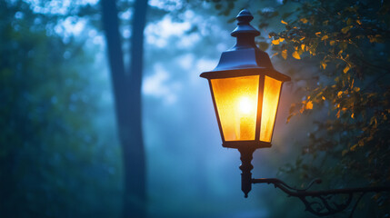 Antique street lantern illuminating through misty evening atmosphere