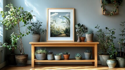 Stylish Minimalist Display: Blank Frame on Empty Table Surrounded by Lush Greenery, Potted Plants, and Wooden Shelves for a Cozy, Nature-Inspired Interior Design