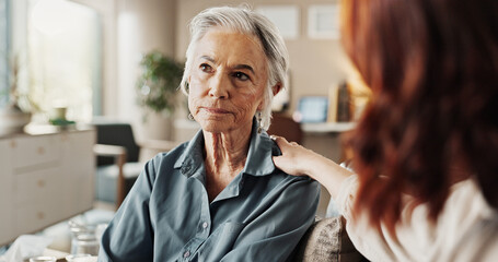 Psychologist, thinking and senior woman with empathy and mental health assessment in consultation....