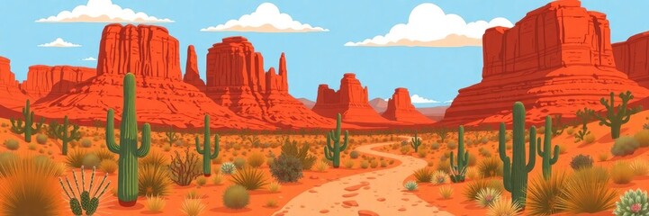 illustration of a classic desert landscape, reminiscent of the American Southwest. Background cartoon. landscape animation.