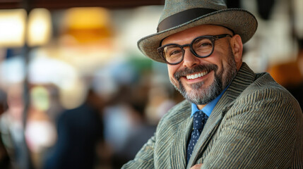 stylish man wearing hat and glasses smiles confidently, showcasing charming personality in lively setting. His attire reflects vintage flair, adding to warm atmosphere