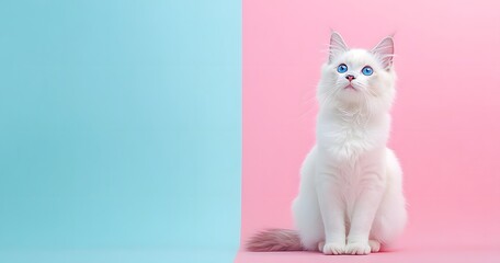 A white, cute, fluffy cat with blue eyes on a pastel background banner with a copy space area. This banner design is suitable for a pet shop or website promotion and advertising.