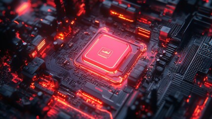 Obraz premium A glowing red processor chip on a circuit board.