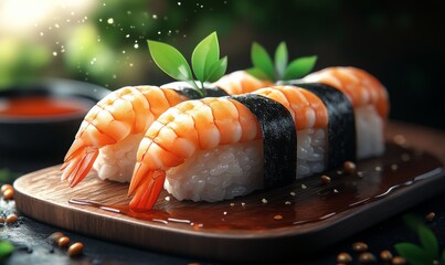Isometric sushi nigiri with shrimp and soy sauce, Japanese fine dining, 3D icon set