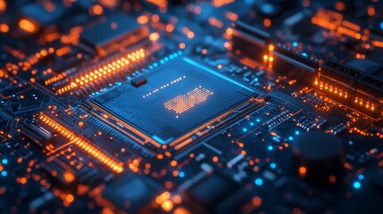 Obraz premium Close-up of a glowing CPU chip on a circuit board.