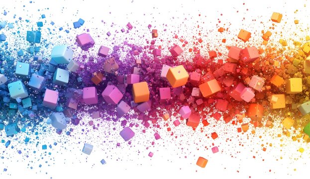 Colorful cubic particles on a white background, a colorful rainbow-colored cubic powder texture, an illustration of color blocks and paint splashes in various colors, 