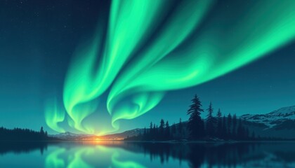 Aurora view at night with trees