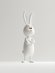 Obraz premium 3D cartoon rabbit character with a friendly expression and arms crossed, standing against a minimalist light background, emphasizing a playful and approachable style.