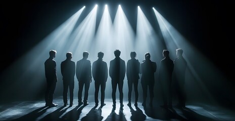 The group of people standing in front of the camera crew and cameras on stage were illuminated by spotlights. The silhouettes of men and women were visible, 