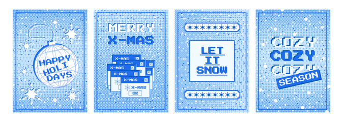 Set of pixel Christmas posters in retro style. Posters with bitmap texture. Vector template for banner, social media post, holiday cover