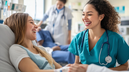 Fototapeta premium smiling nurse in hospital room with patient