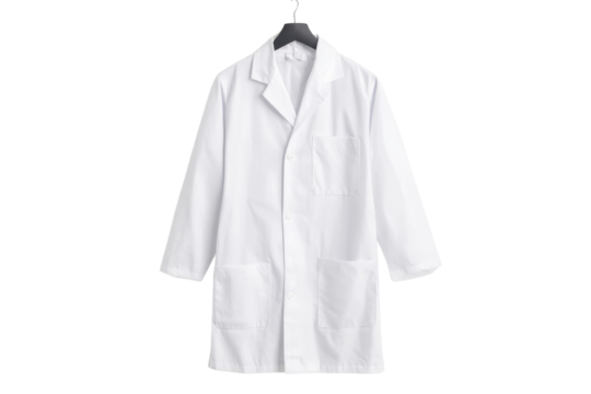 A clean, white lab coat hanging on a hanger, representing professionalism in science.