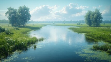 Fototapeta premium Serene river landscape with lush greenery and soft clouds.