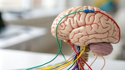 Close-up of human brain model with colorful wires connecting to represent neural activity, symbolizing mental exercise and cognitive development, with copy space for text or design.