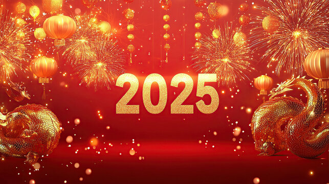 A red background with golden fireworks and lanterns around the numbers "2025", a Chinese New Year theme