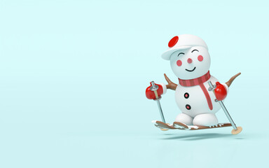 3d Snowman skiing isolated on blue background. merry christmas and festive new year holiday travel concept, 3d illustration render