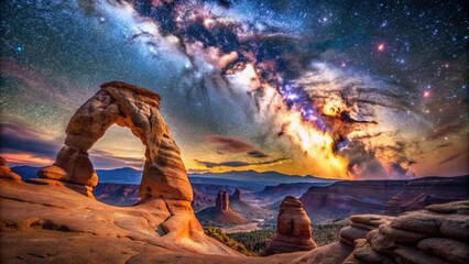A majestic sandstone arch frames a breathtaking view of the Milky Way Galaxy, with swirling nebulas and a sea of stars creating a cosmic tapestry overhead