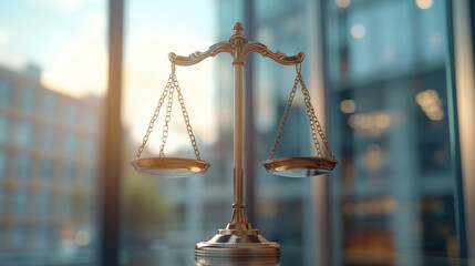 scales of justice symbolize fairness and balance in legal system, beautifully illuminated by natural light in modern setting