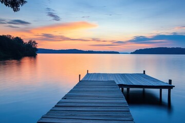 Fototapeta premium A wooden dock extends into a calm lake at sunset.