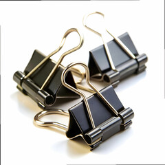 Black metal binder clips on a white background High-quality photo